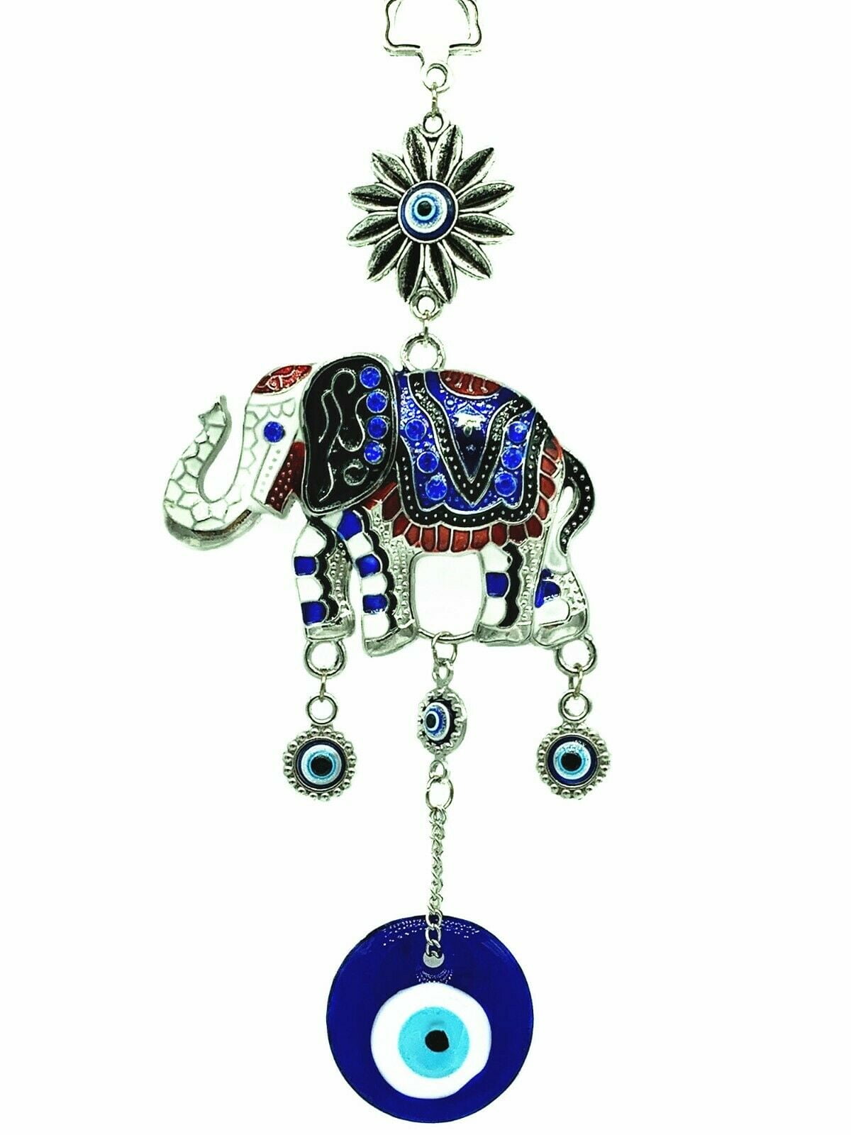 Turkish Blue Evil Eye with Lucky Elephant Amulet Hanging Decor Gift-silver 