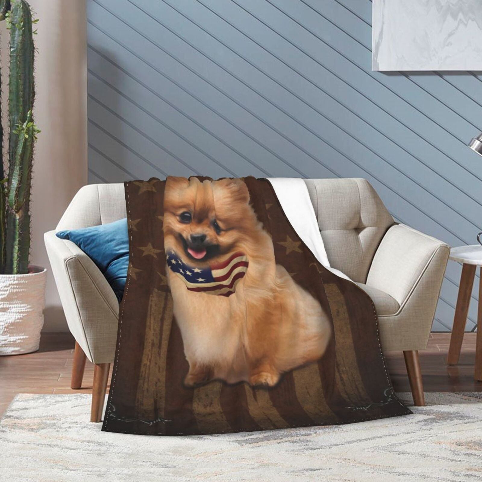 Wijzvio Springer Spaniel Dog With Vintage American Flag Throw Blanket Soft Fuzzy Fleece Blanket For Couch Bed Living Room Decoration 60"X50"