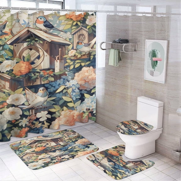 4 Piece Bathroom Shower Curtain Sets Flowers And Birdhouses Non-Slip Rugs And Toilet Mat Lid Rug Accessories Flowers Spring 12 Hooks for Bathtub Decor 72inch X 72inch