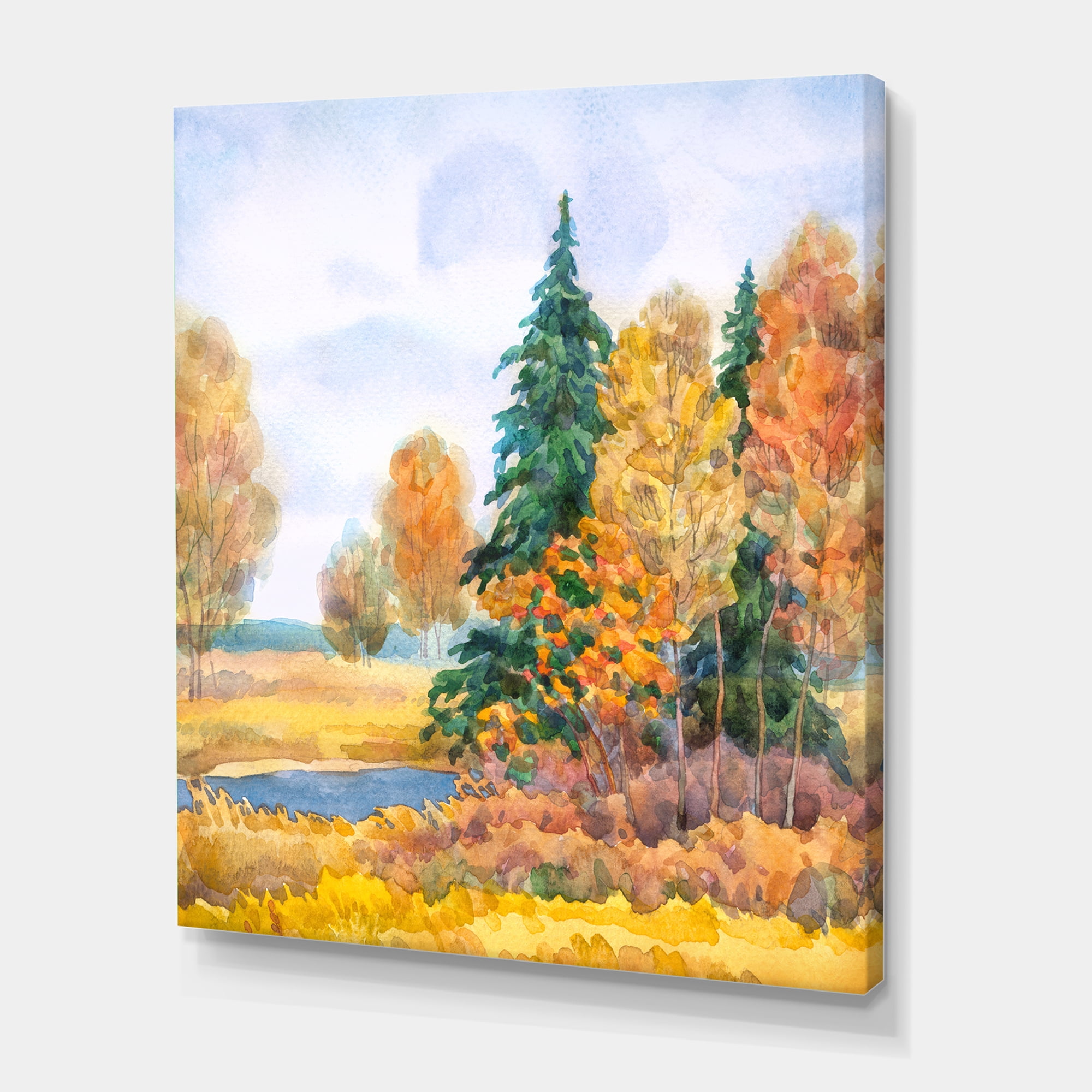 Designart ' Autumn Forest By The Lake Side V ' Lake House Canvas Wall Art Print
