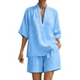 thumbnail image 2 of Cagogo Women Plus Size 2 Piece Set V Neck 3/4 Sleeve Shirt Shorts Casual Solid Loose Travel Outfits Lounge Tracksuits Summer Cruise Clothes Matching Lounge Sets, Blue 3XL, 2 of 8