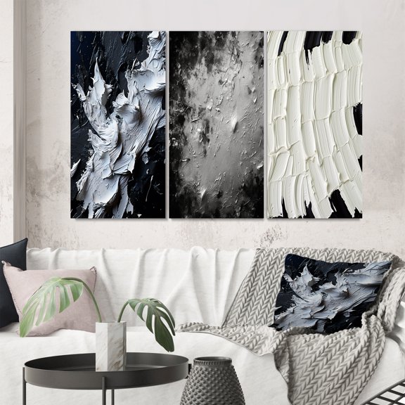 Designart "Momentary Spirit Abstract in Black and White" Abstract Painting Wall Art Set Of 3 - Modern Black Canvas Set For Living Room Decor
