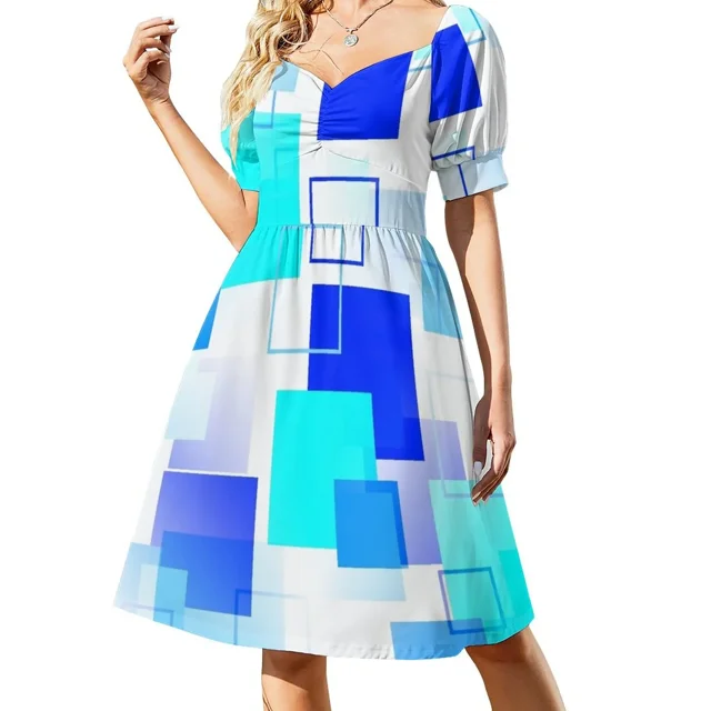 Rhapsody en Bleu - Abstrait Mi-Siècle - Robe Sans Manches Bleue Blanche Robes d'Été Femmes 2024 Robe bandage