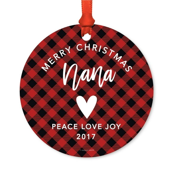 Family Metal Christmas Ornament, Merry Christmas Nana 2017, Red Plaid, Includes Ribbon and Gift Bag