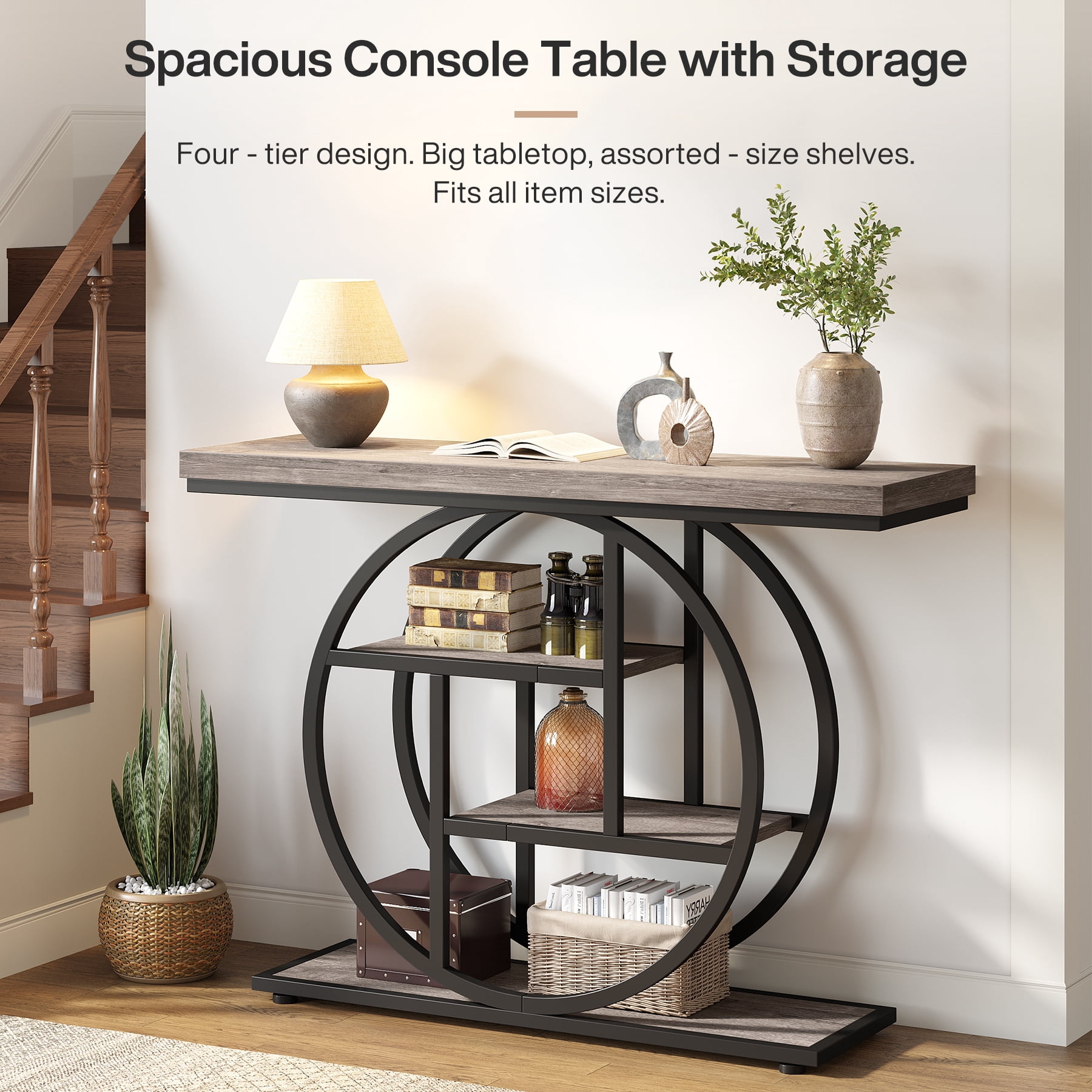 Fnova Console Table, Entryway Table with 4-Tier Storage Shelves, 42" Wood Modern Narrow Long Side Table, , Sofa Table, Accent Table for Living Room, Entryway, Hallway, Gray and Black