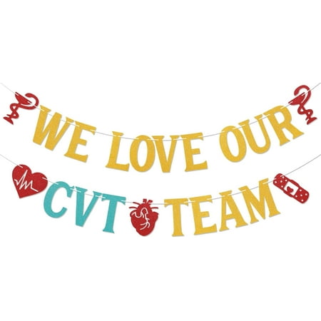 We Love Our CVT Team Banner - Happy CVT Week Sign, Cardiovascular Professional Week Decor, Heart Team Appreciation Party Decorations Gold Blue Glitter