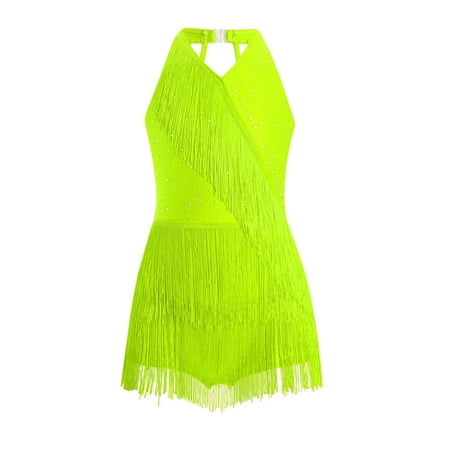 Moggemol Girls Sleeveless Latin Jazz Dance Dress Kids Sparkly Halter Tassel Fringed Leotard Dress Fluorescent Yellow 10