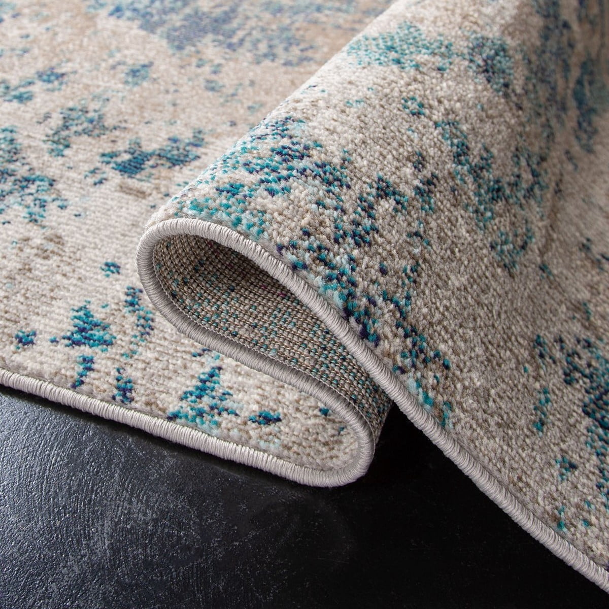 SAFAVIEH Madison Oscar Abstract Distressed Area Rug, Blue/Grey, 6'7" x 6'7" Round