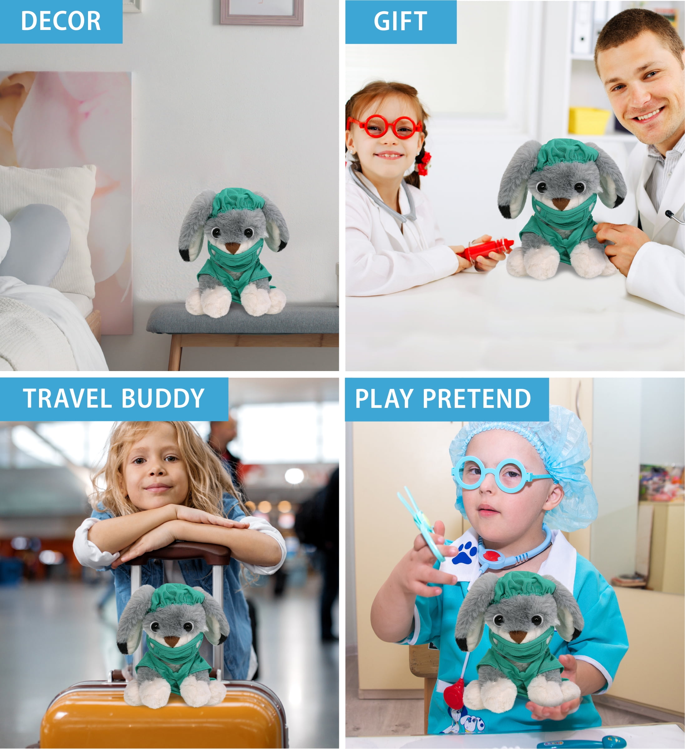 DolliBu Grey Rabbit Doctor Plush Toy - Super Soft Rabbit Doctor Stuffed Animal Dress Up with Cute Scrub Uniform and Cap Outfit - Fluffy Toy Plush Gift for Doctor, Nurse, Surgeon, Dentist - 7 Inch