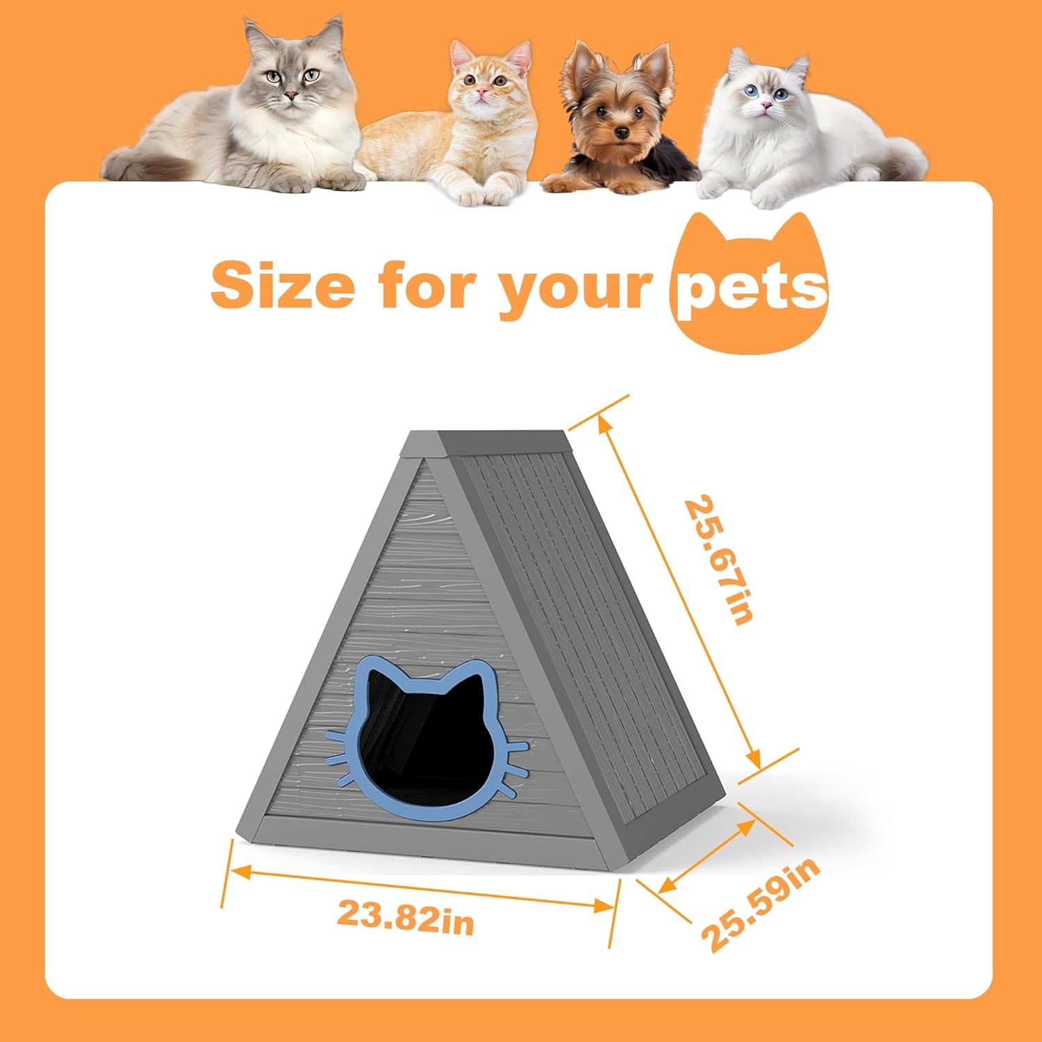 OFFIGAM Weatherproof Resin Cat House Gray Indoor Outdoor Feral Shelter Easy Clean 23.82x25.59x25.67in