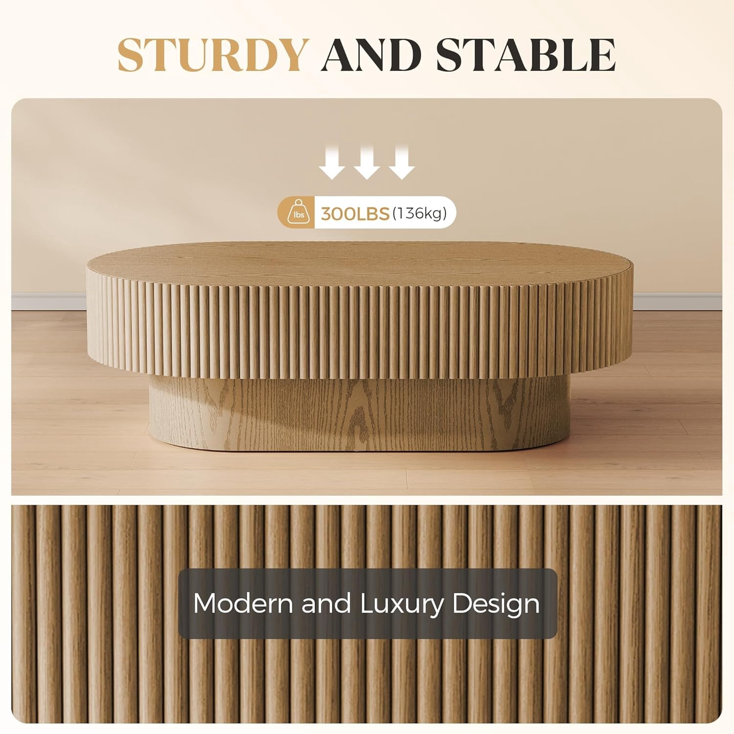Gelloan 43.7" Oval Coffee Table, Modern Wood Fluted Coffee Table for Living Room, Relief Center Table with Sturdy Pedestal,Natural