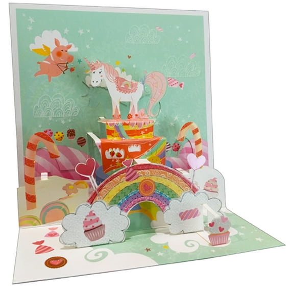Pictura Pink and White Unicorn, Rainbow, Candy and Treats 3D Pop Up Keepsake Greeting Card