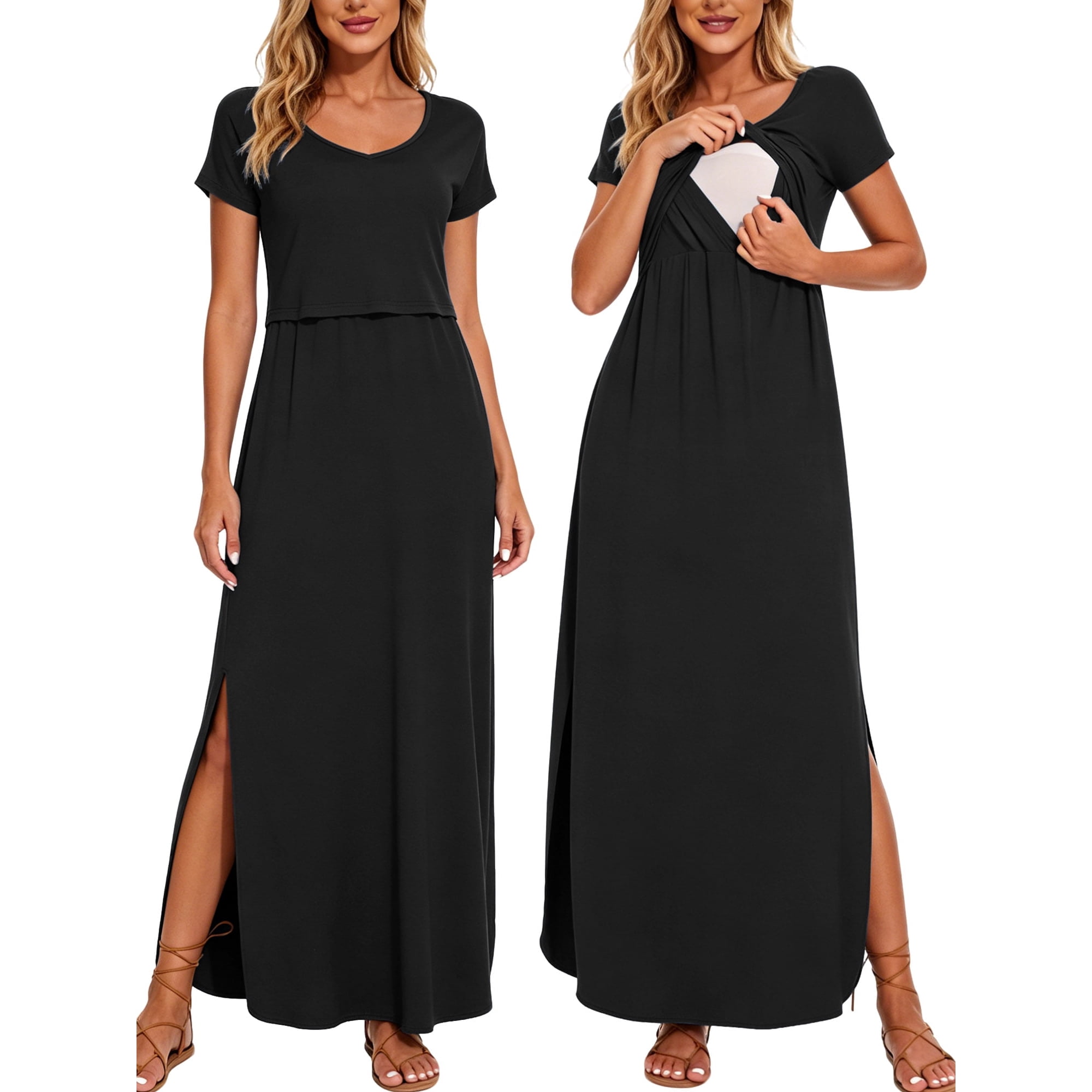 Women's Split Maternity Long Dresses Nursing Dresses for Breastfeeding