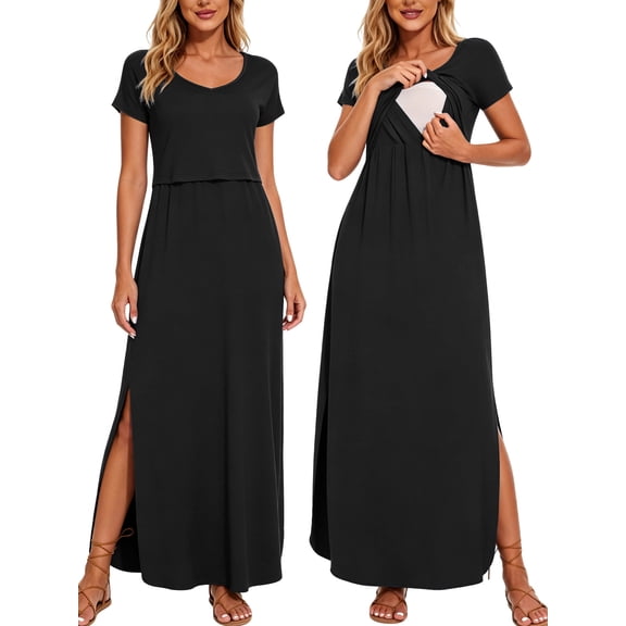 Women's Split Maternity Long Dresses Nursing Dresses for Breastfeeding
