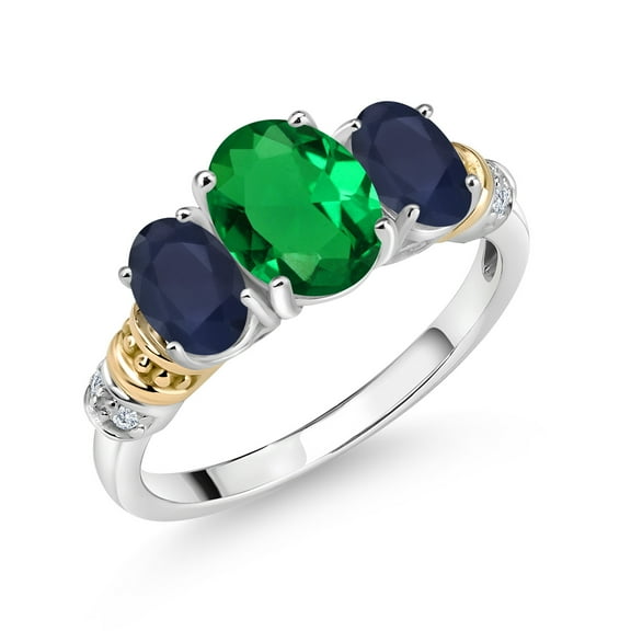 Gem Stone King 925 Sterling Silver and 10K Yellow Gold Oval Green Nano Emerald Blue Sapphire and White Diamond 3 Stone Ring for Women (1.89 Cttw, Gemstone May Birthstone, Size 6)