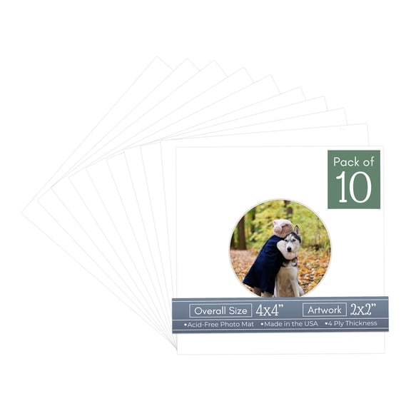 Textured White Picture Frame Mat for 4x4 Inch Frames - Circle Opening for 2x2 Photos - 10 Mats