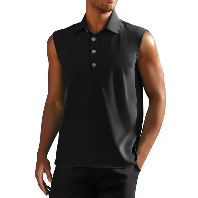 pstuiky Camisetas sin mangas para hombre, Chaleco informal sin mangas con botones y cuello abatible para hombre, de color liso, para verano Chaleco para hombre xl