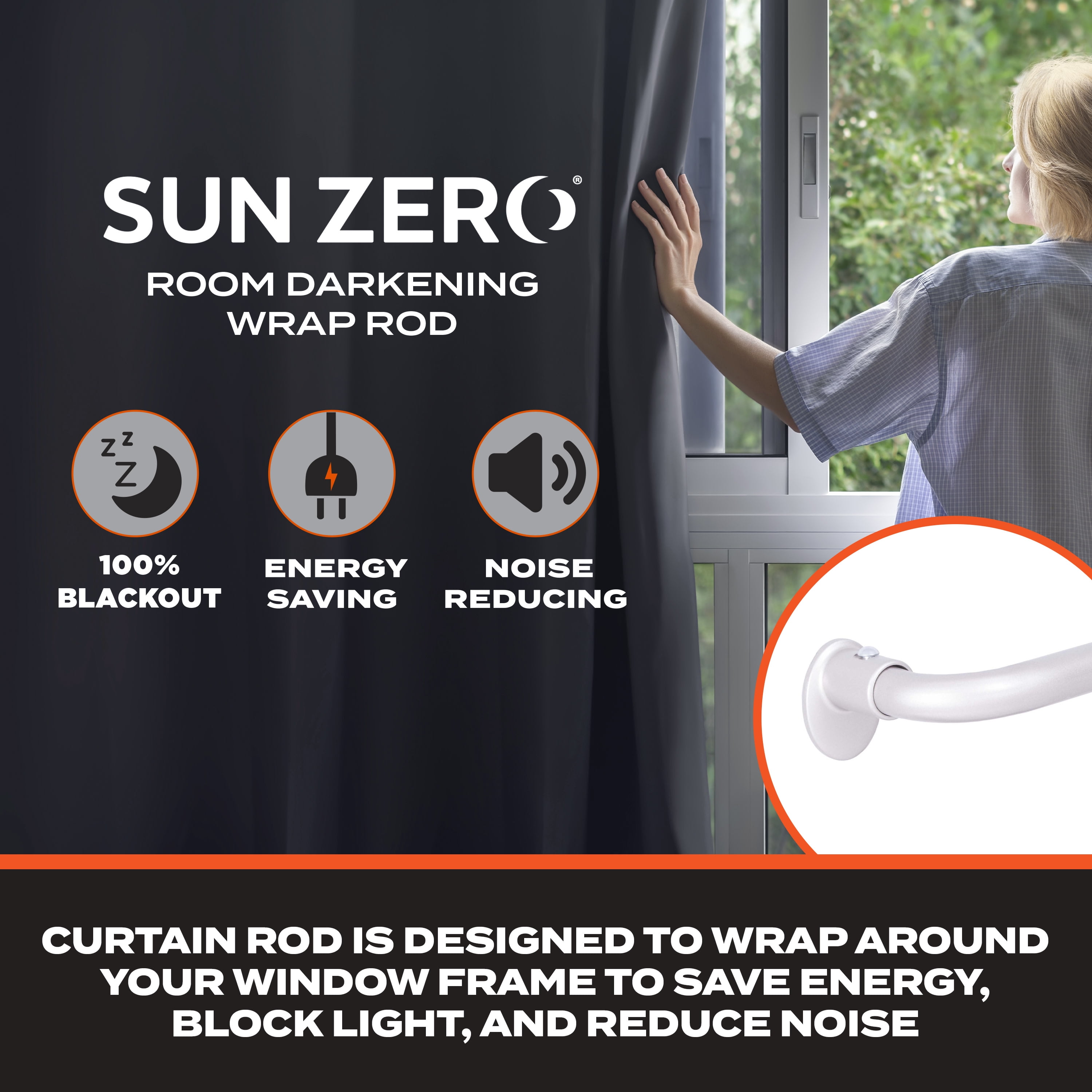 Sun Zero 5/8" Wrap Around Blackout Curtain Rod, 28-48”, Satin Silver