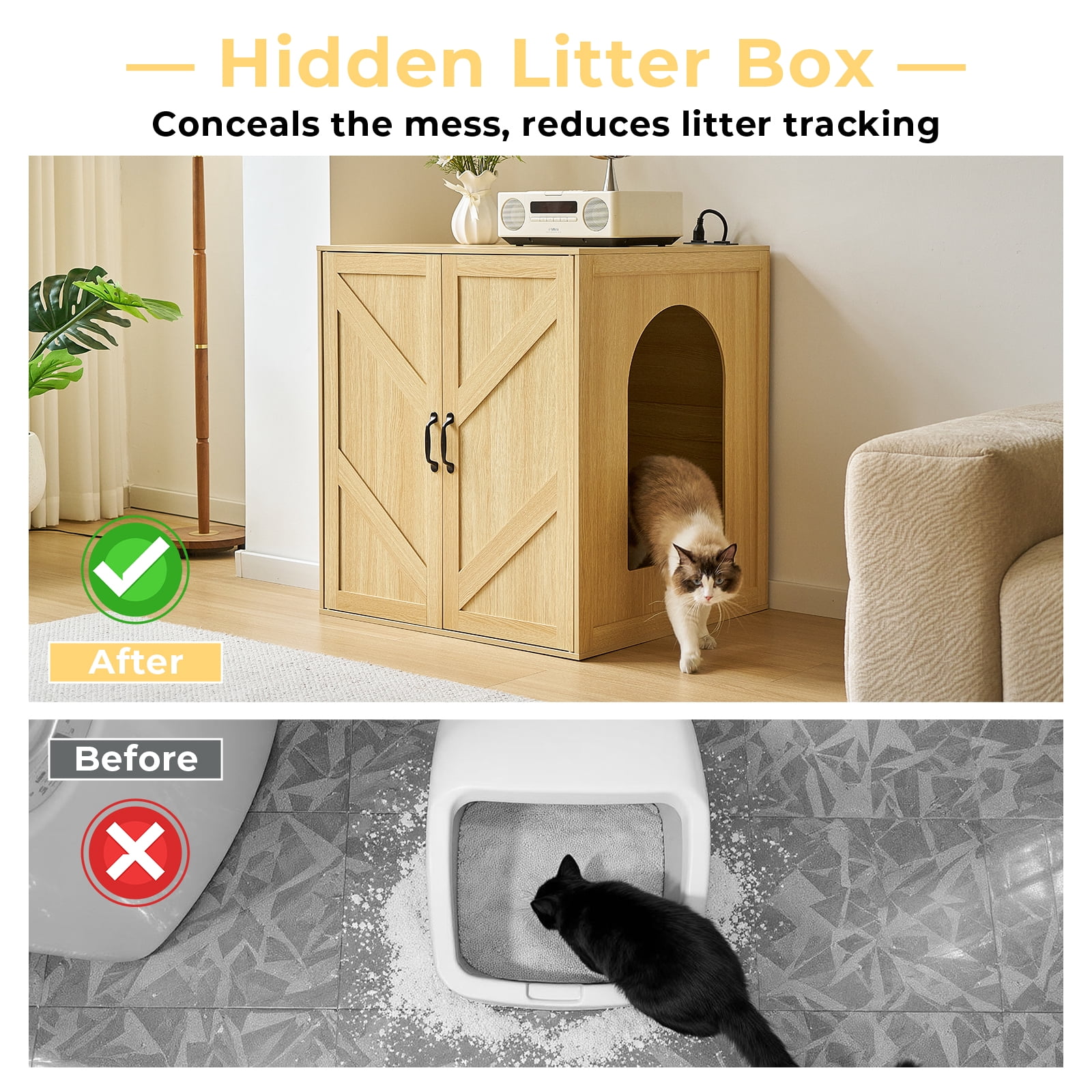 JanflyHome Cat Litter Robot Enclosure Cabinet, Litter Box Enclosure Furniture with Charge Station, Wood