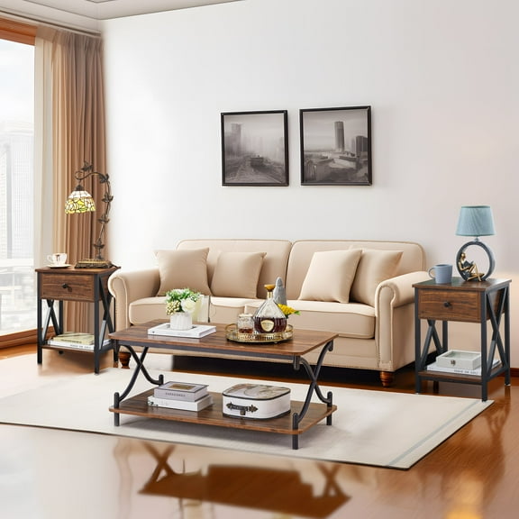 Taomika 3-piece Coffee Table Set with Shelf, Coffee Table with Set of 2 Nightstands, Brown Sets