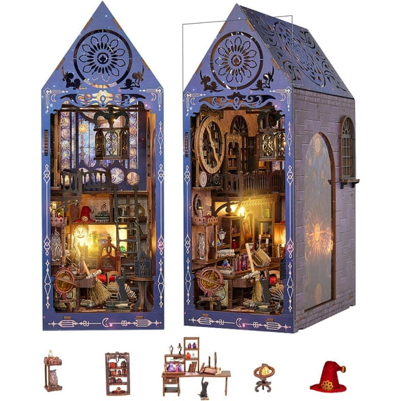 FLYNOVA DIY Book Nook Kit,Magic Dollhouse for Teens Adults Hobby,3D Wooden Puzzles Miniature Kit with LED,Booknook Bookend Bookshelf Easter Halloween Insert Home Decor,Creative Xmas Birthday Gifts