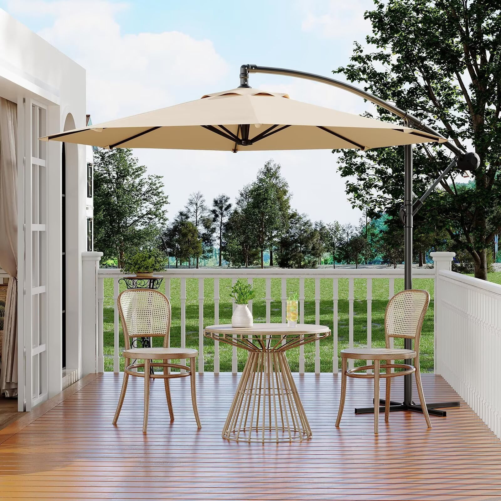 HELLONE 10FT Cantilever Umbrella outdoor patio, Offset Patio Umbrella with Easy Lift & Tilt Adjustment, UV Protection Fade Resistant for Deck, Pool, Garden, Tan
