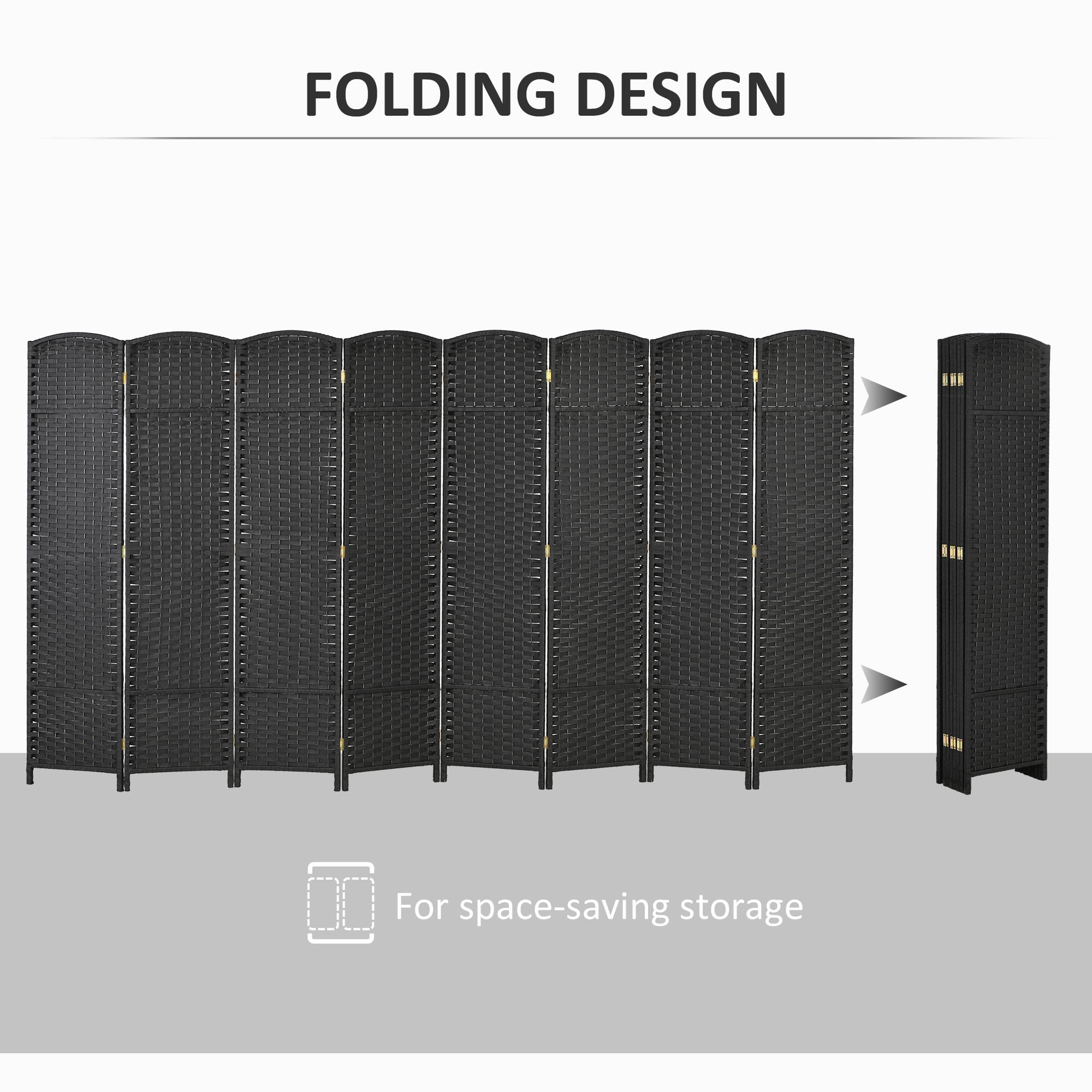 8 Panel Folding Room Divider 66.9" (5.6') Tall - Hand-Woven Privacy Screen Freestanding Wood Partition for Home Office Bedroom, Black