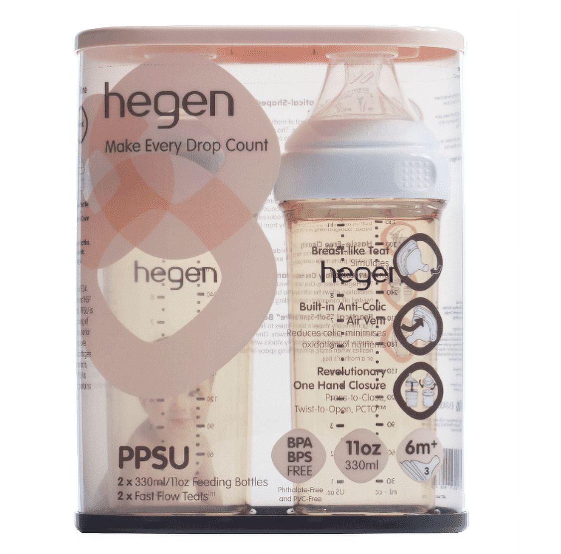 Hegen Baby Bottles- Anti Colic Baby Bottles Wide Neck- Breastfeeding System 11 oz with Fast Flow Teats (2 Pack)