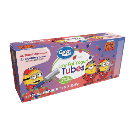 Great Value Kids Low-fat Blueberry & Strawberry Yogurt Variety Pack, 2 oz Yogurt Tubes, 8 Count