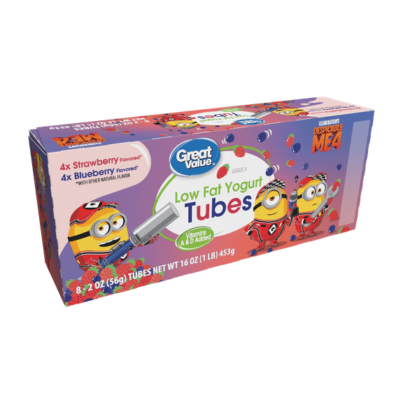 Great Value Kids Low-fat Blueberry & Strawberry Yogurt Variety Pack, 2 oz Yogurt Tubes, 8 Count