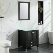 Wonline 24inch Black Bathroom Vanity Cabinet with Mirror & Glass Countertop