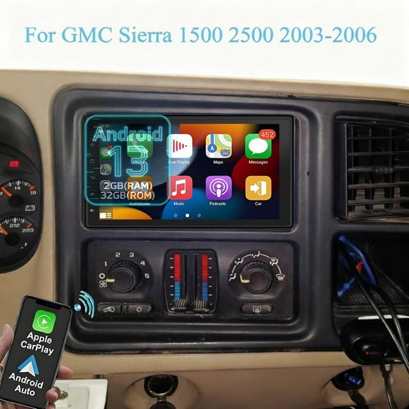 Molaner Android 13 Double Din Car Stereo for GMC Sierra 1500 2500 2003-2006, 7 inch Touch Screen Fit for Carplay Android Auto GPS/Bluetooth/FM/Steering Wheel Control, 2 32G