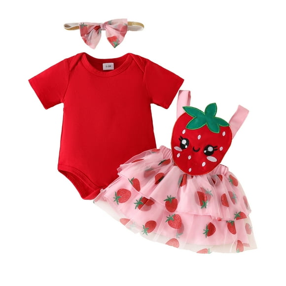 Sunnyoo Newborn Girls Outfits Strawberry Tutu Dress Short Sleeve Romper Headband 3Pcs Set, Sizes 0-18M