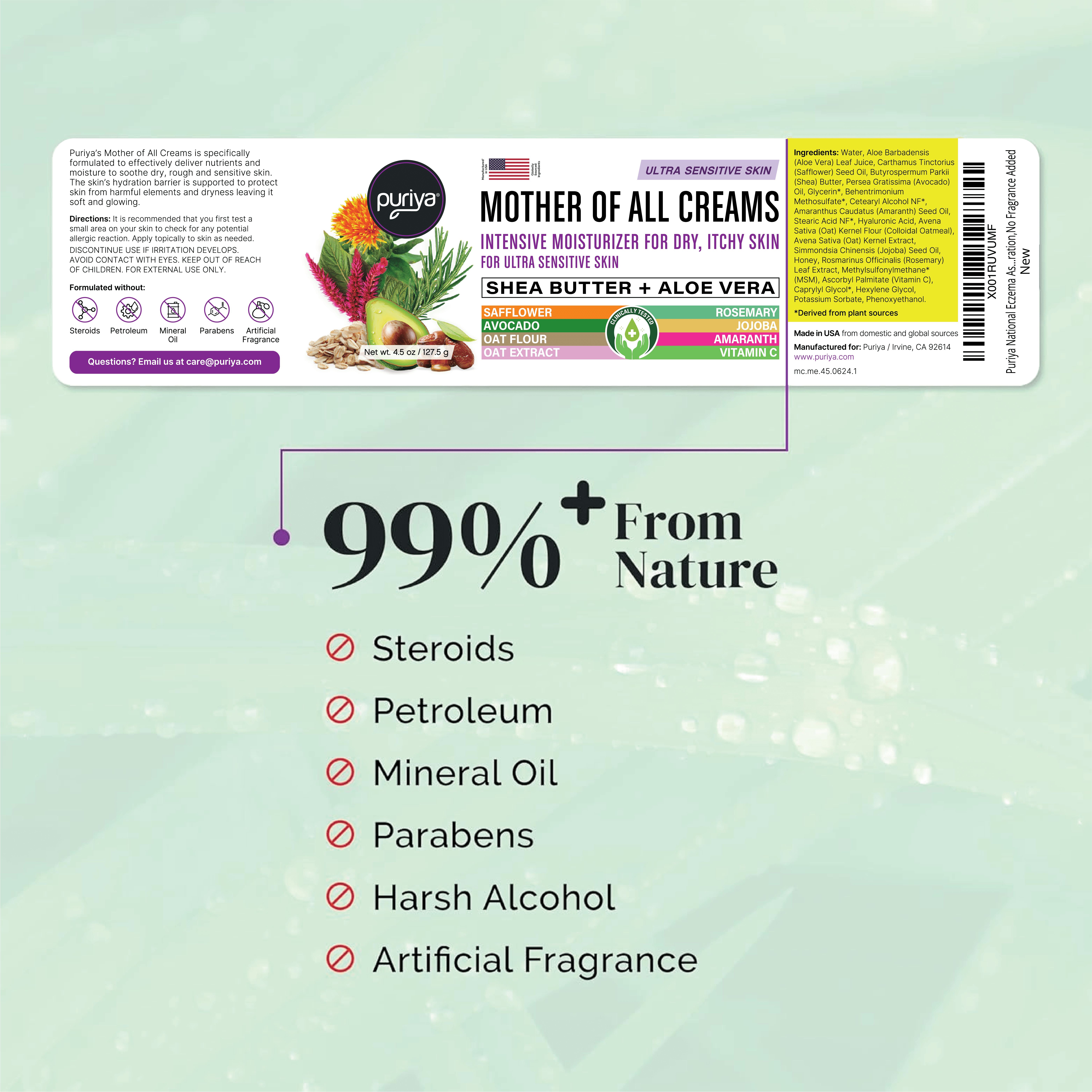 Puriya National Eczema Association Accepted Cream 4.5 oz, Dry Itchy Skin Relief, Colloidal Oatmeal Lotion, For Kids, Adults, Mother of All Creams, Plant-Based Hydration