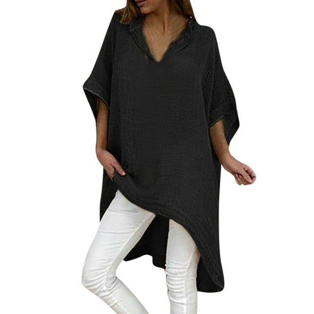 Gibobby Playera TéRmica Ligera Tops sueltos sólidos blusa de manga casual mujer cuello en V blusa corta de mujer(Negro, S)