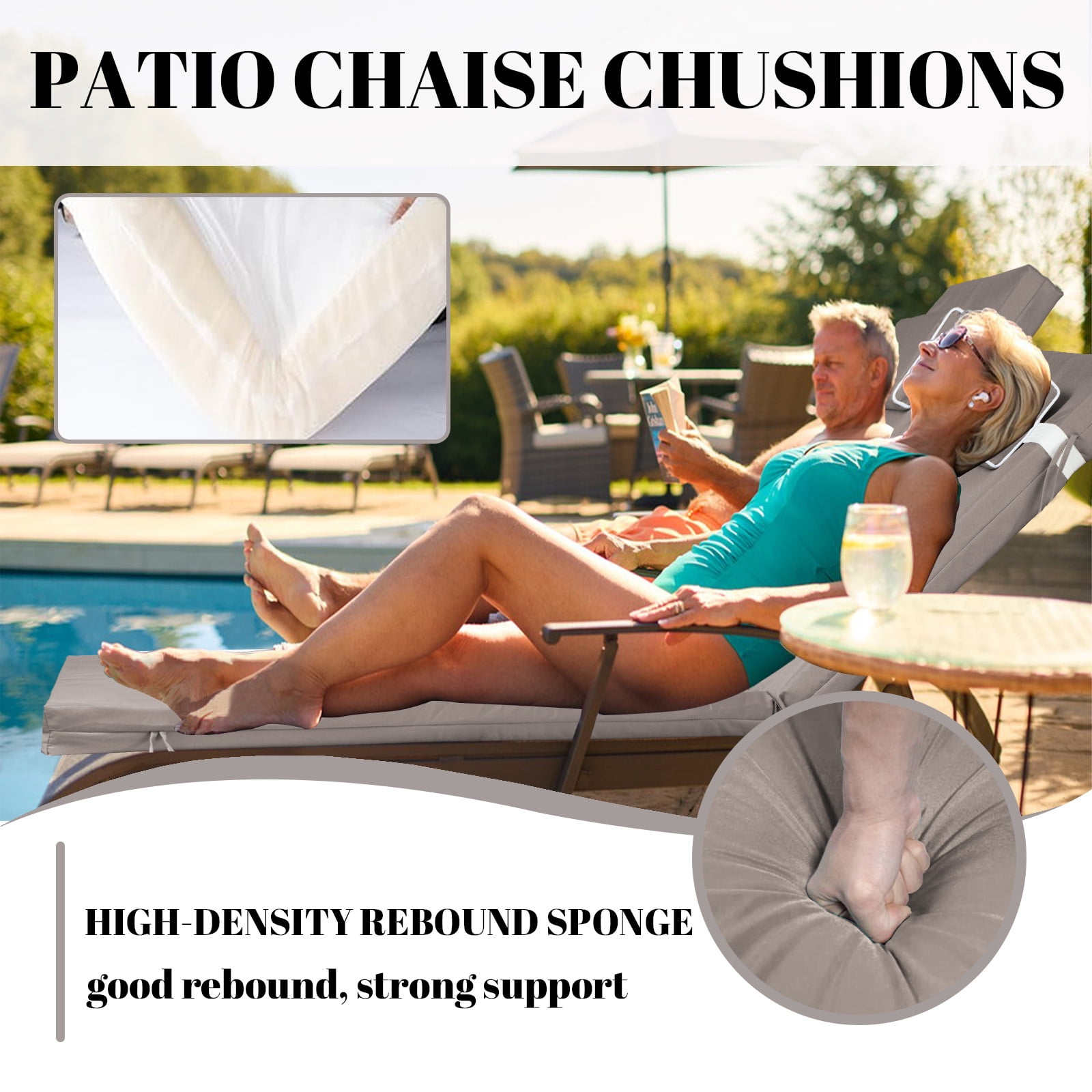 SDJPOI Outdoor Chaise Lounge Cushions Set of 2, 72" x 21" x 3" Thick Patio Furniture Replacement Cushions, Waterproof Lounge Chair Cushion with Headrest & Ties for Pool Beach
