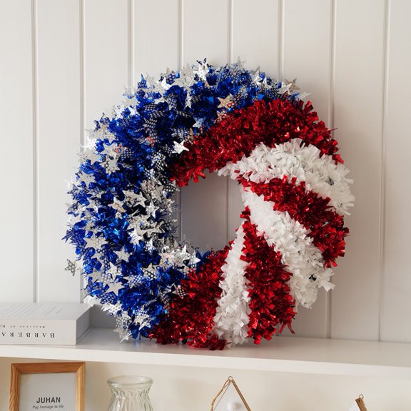 15.7" 4th of July Patriotic Wreath, Memorial Day Pride Garland for Front Door, Red White and Blue Flag Tinsel Wreath,Independence Swag Indoor Outdoor Wall Holiday Decor Home