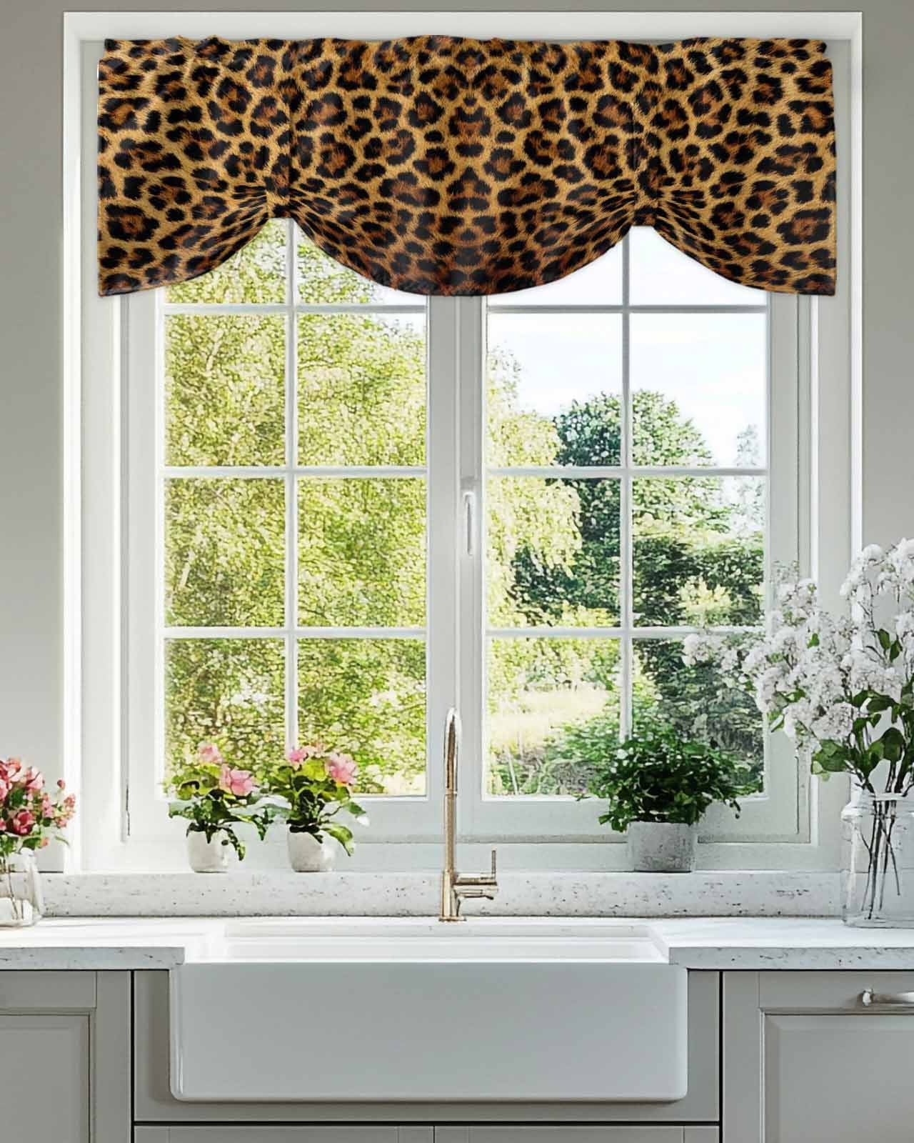 Retro Leopard Tie Up Valances Curtain, Adjustable Kitchen Abstract Classic Texture Decoration Valances for Windows Decor, Rod Pocket Short Curtains Set for Bedroom/Bathroom, 54"x18"
