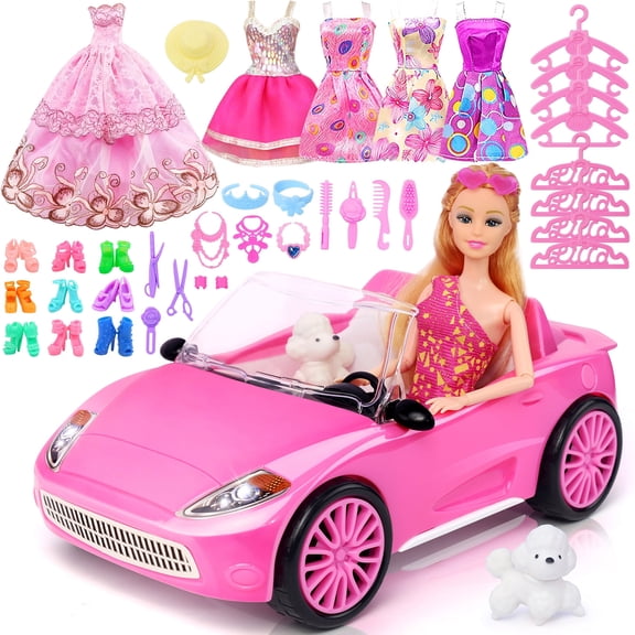 ZITA ELEMENT 78 Pcs 11.5 Inch Doll Pink Convertible Car Playset, Dress up for Kids Including 11.5 in Girl Doll, Toy Car, 1 Fancy Dress, 3 Regular Dress, 1 Fashion Dress, 71 Accessories