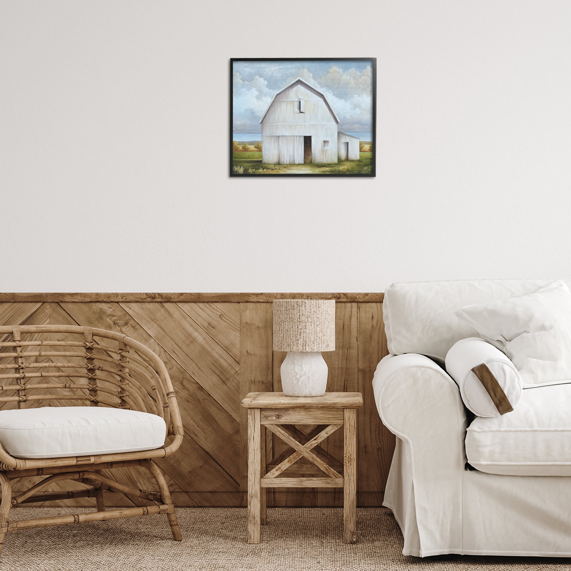 Stupell Industries White Barn with Clouds Landscape Painting Black Framed Art Print Wall Art, 20 x 16