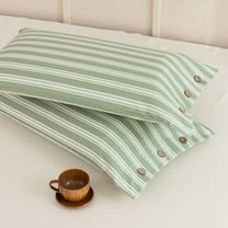 2-Piece Traditional Homespun Button Closure Bed Standard Pillow Shams, Light Green and White