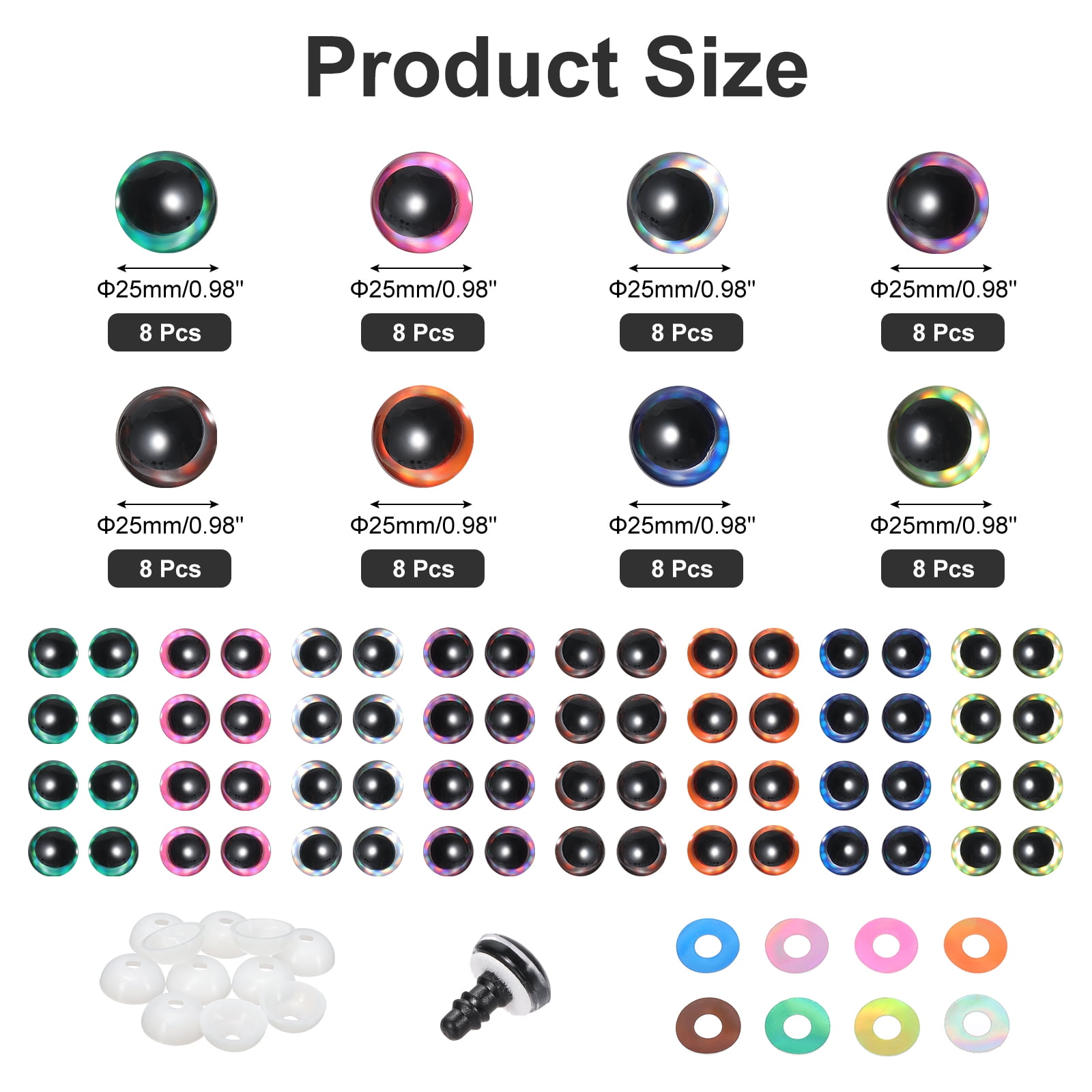 Uxcell 25mm Flash Safety Eyes, 64 Pcs Moon Doll Eyes Realistic Colorful Crocheting Safety Eyes for Decor Crochet Accessories Dolls Craft Halloween, 8 Colors