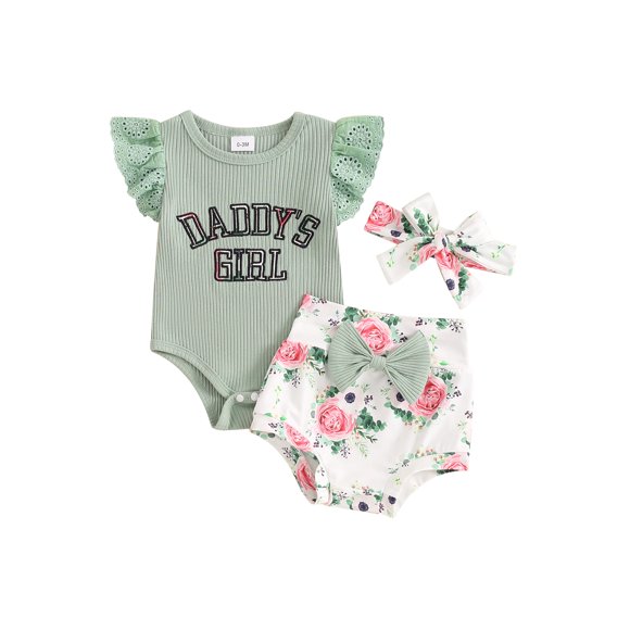 Gupgi 0-18M Lovley Baby Girls Clothes Set Lace Fly Sleeve Letters Print Romper with Flower Shorts and Hairband 2PCS Summer Outfit