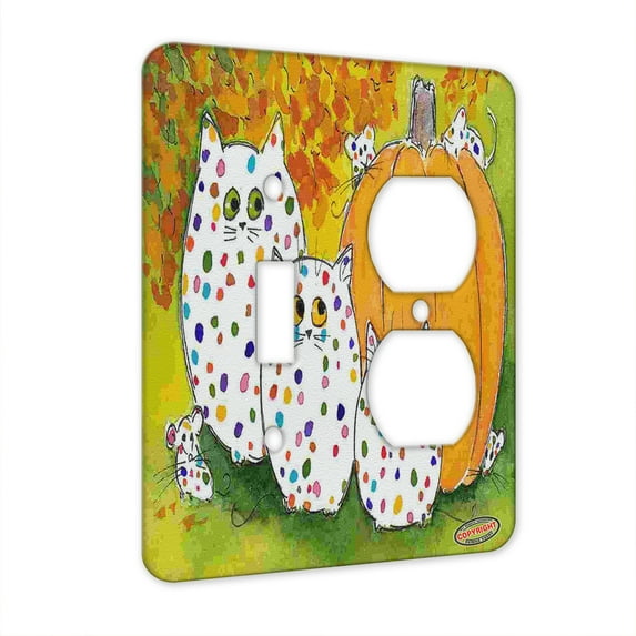 KuzmarK™ 2 Gang Single Toggle / Single Duplex Wall Plate - Fiesta Polka Dot Kitties and Mice with Pumpkin Mouse and Cat Art by Denise Every