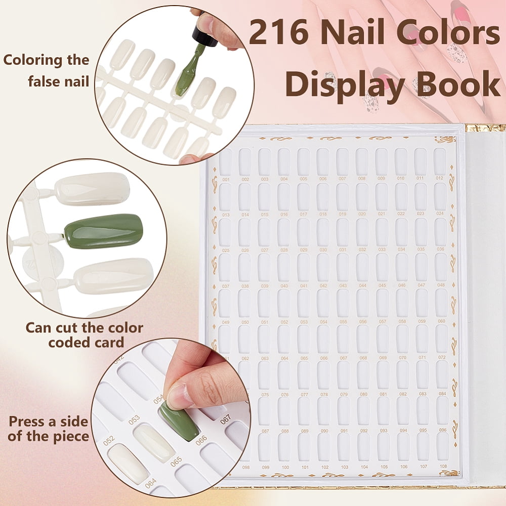 216 Colors Glod Nail Display Chart Nail Color Swatches with 480pcs 2 Style False Nail Tips Salon Nail Sample Tool for Nail Painting PracticeDIY
