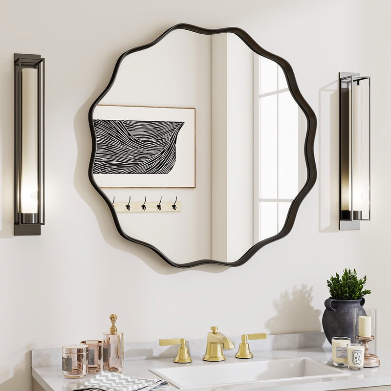 Easy4Home 24" Wavy Round Decorative Mirror With Deep Frame, Black