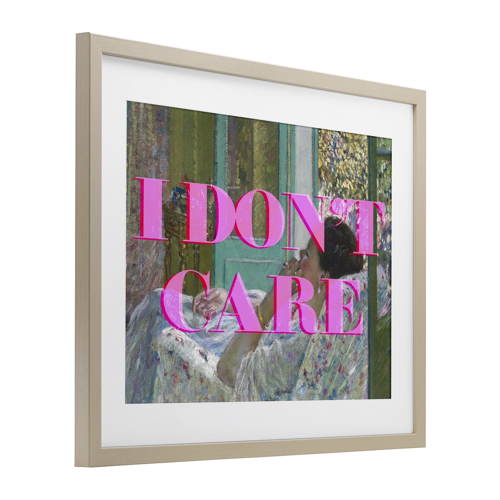 I Don't Care over Classic Painting Birch Framed Print Under Glass, design by Lil' Rue