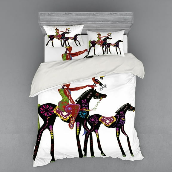 Ethnic Duvet Cover Set, Abstract Design of a Woman on a Horse with a Bird Animal Fun Image, Bedding Set with Shams and Fitted Sheet, 3 Sizes, by Ambesonne