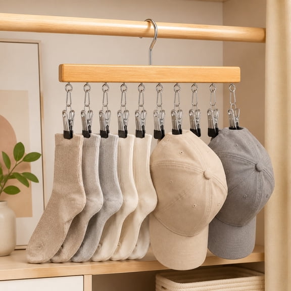Wooden Hanger Hooks with Metal Clips Closet Organizer for Scarves Belts Bags Underwear Wardrobe
