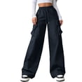 thumbnail image 1 of Hngshg Plus Size Cargo Pants for Women Drawstring Elastic Waist Solid Color Trendy Multi Pants Outdoors Wide Leg Pants with Pockets, 1 of 7